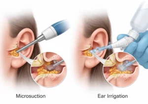 Microsuction vs irrigation illustration showing two ear wax removal methods, with suction removal on one side and water irrigation on the other.