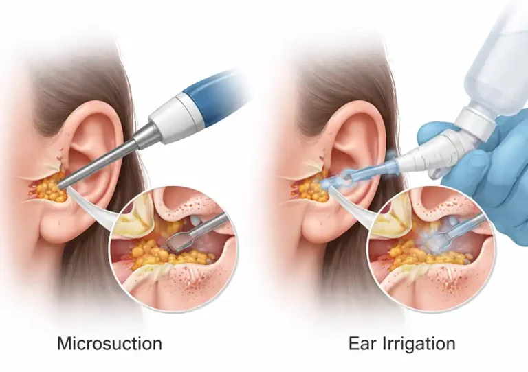 Microsuction vs irrigation illustration showing two ear wax removal methods, with suction removal on one side and water irrigation on the other.