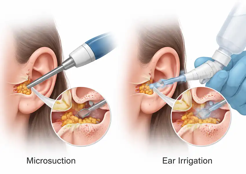 Microsuction vs irrigation illustration showing two ear wax removal methods, with suction removal on one side and water irrigation on the other.